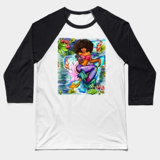 Mermaid with full afro checking her phone ii with Koi fish in koi pond with plants and flowers Baseball T-Shirt